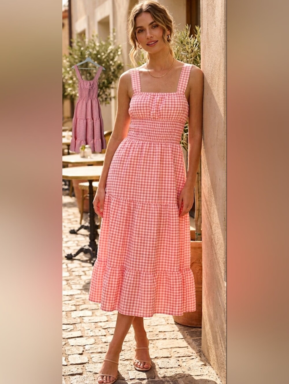 BCBGeneration Pink Gingham Smocked Tiered Midi Dress Size S